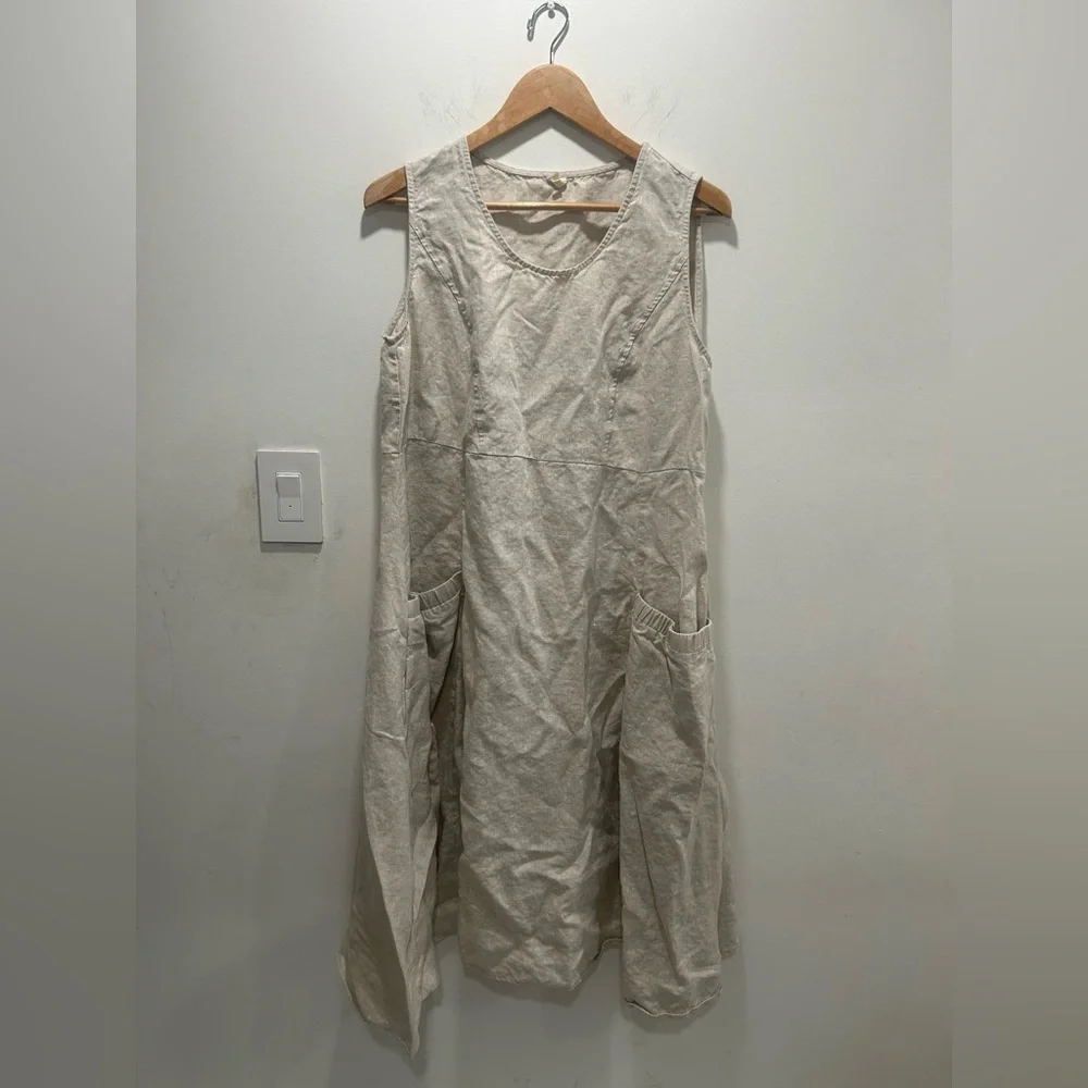 Sleeveless Midi Linen-Blend Dress in Natural Beige - Picture 2 of 6